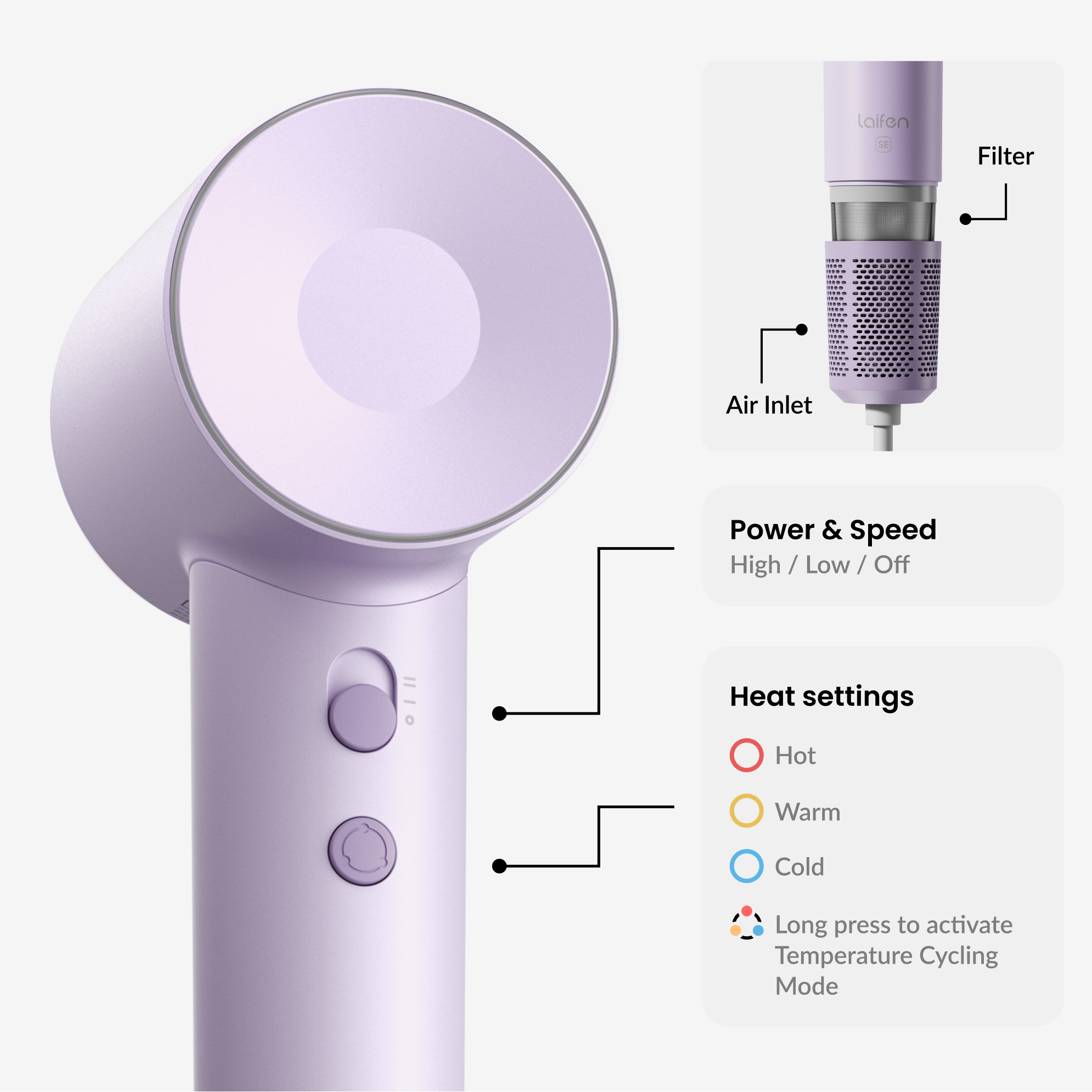 Laifen SE matte purple control layout and heat settings